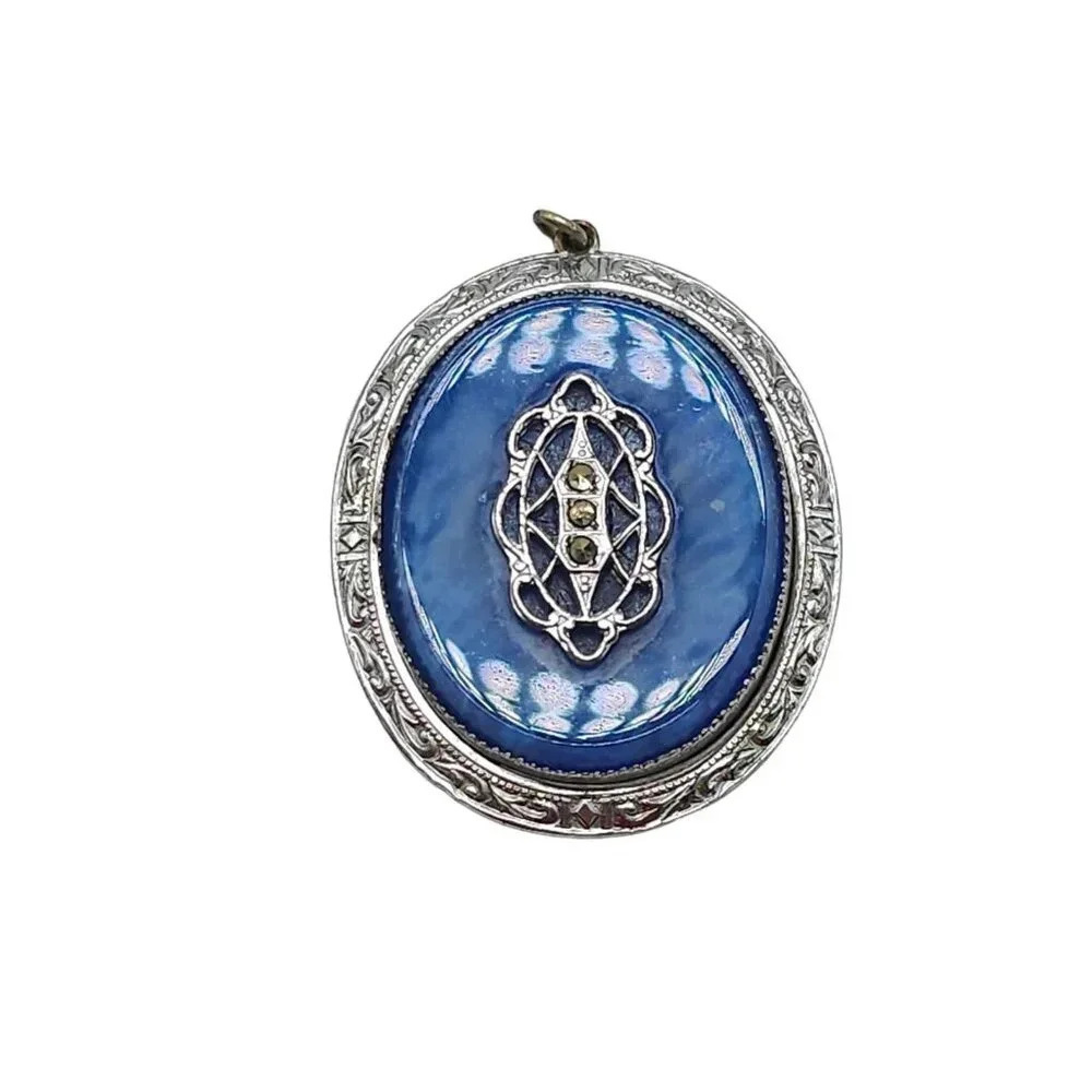 Opalescent Blue Peking Glass Pendant with Marcasite Stones